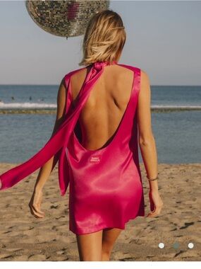 Daily Drills Silky Mini Dress with Neck Tie - Hot Pink Size Small